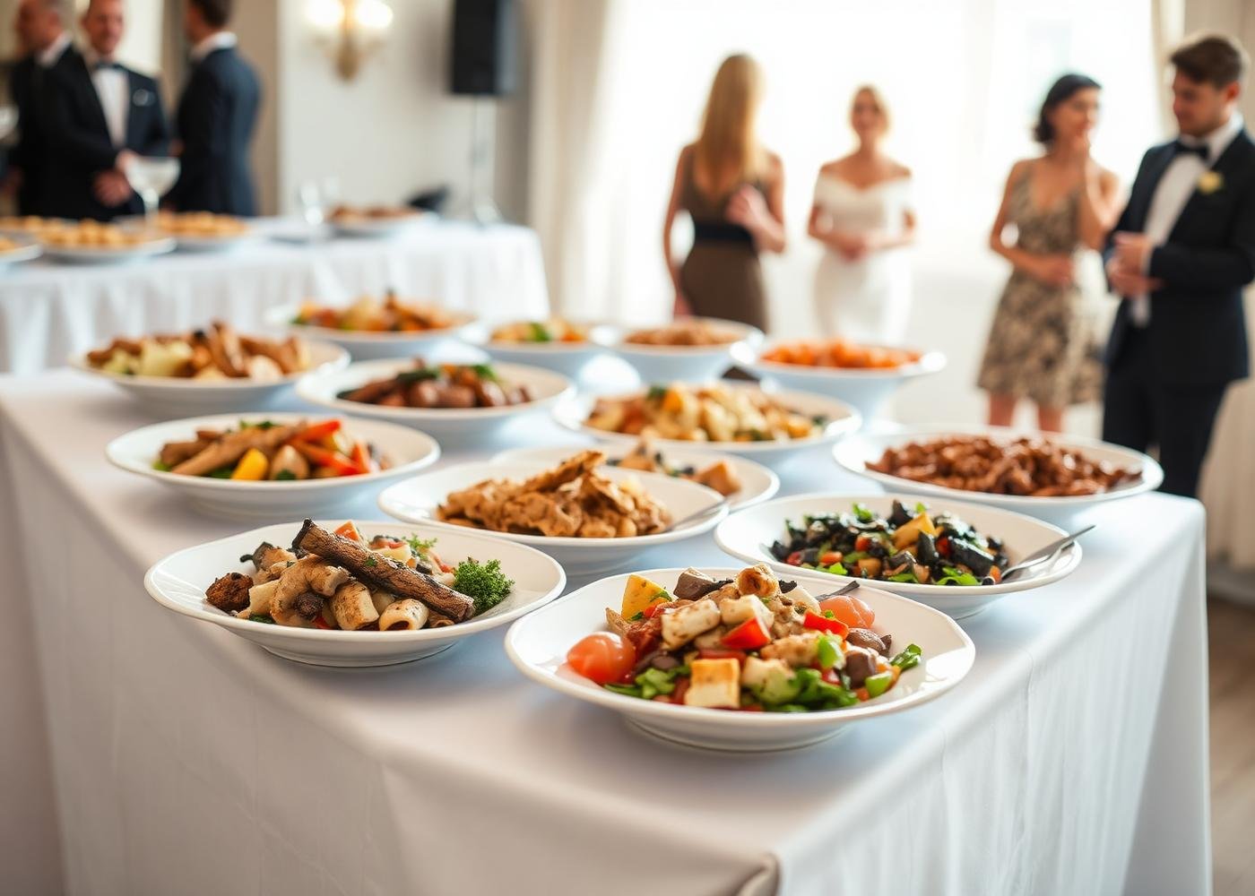 Catering buffet table set with Lebanese and American dishes