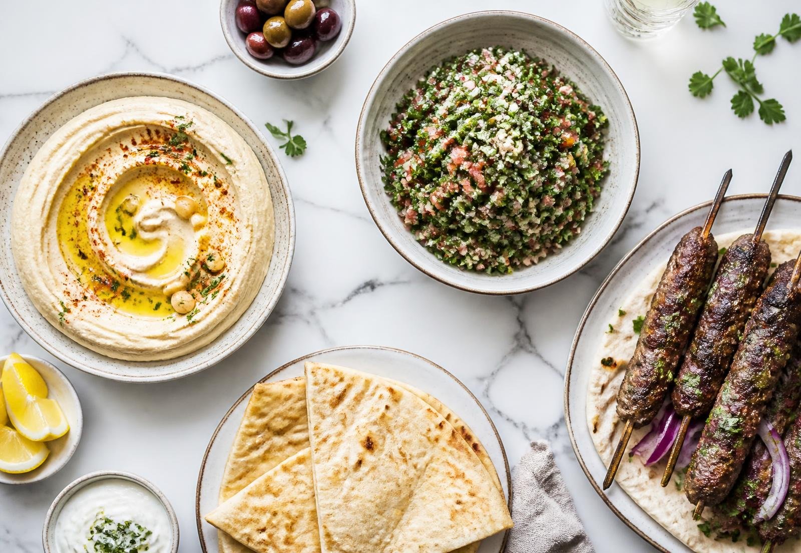 Lebanese mezze spread with hummus, tabbouleh, kebab and fresh bread